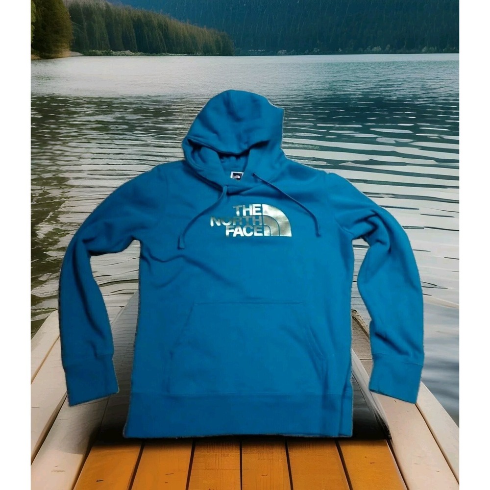 The North Face Hoodie Womens Medium Blue Excellent Silver Foil Logo Pullover